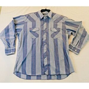 American Hero Pearl Snap Striped‎ Blue White Long Sleeve Shirt Men's XL Western